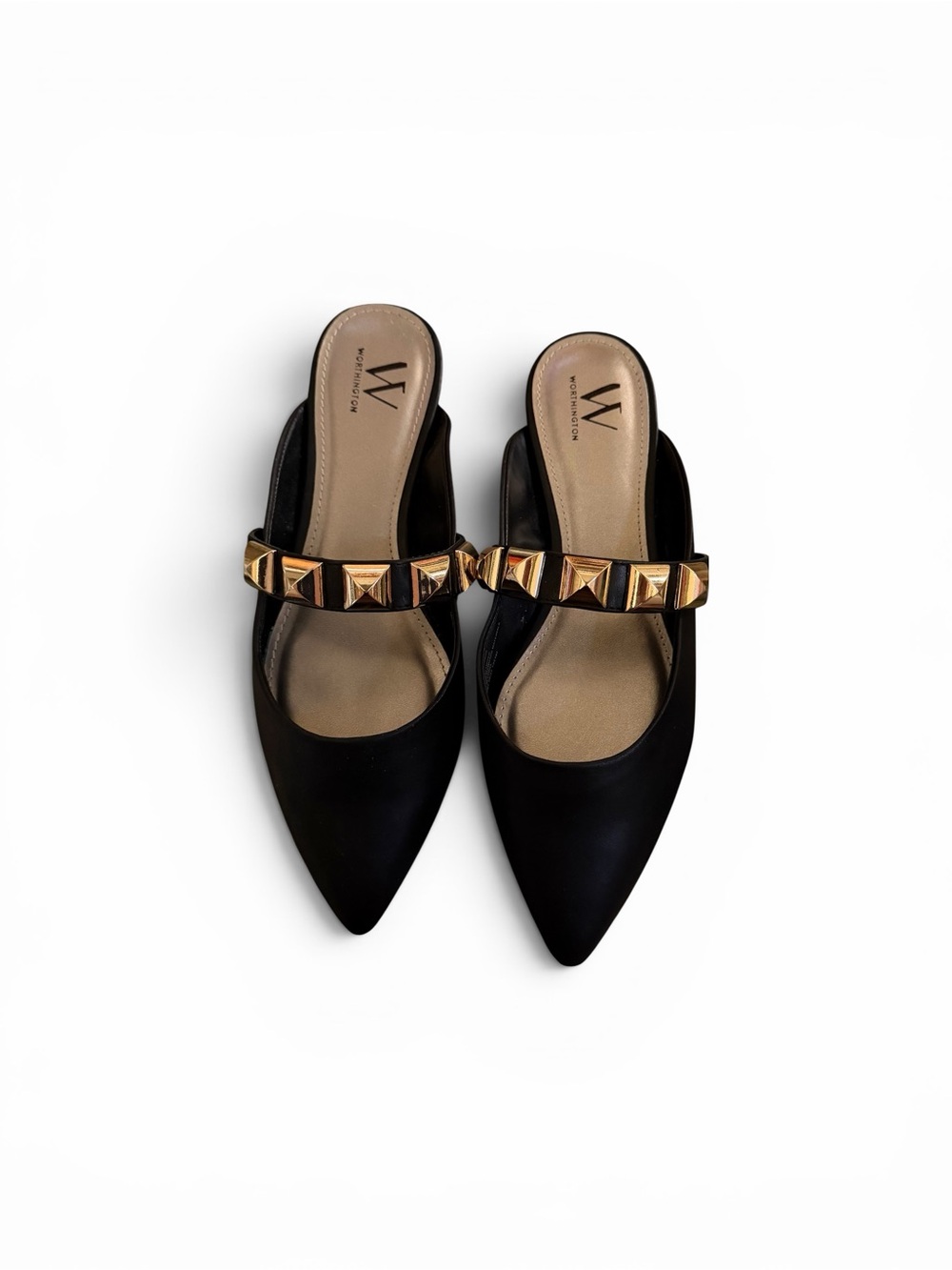 Worthington CONNOR Black Pointed Mule with Gold Pyramid Stud Strap New!